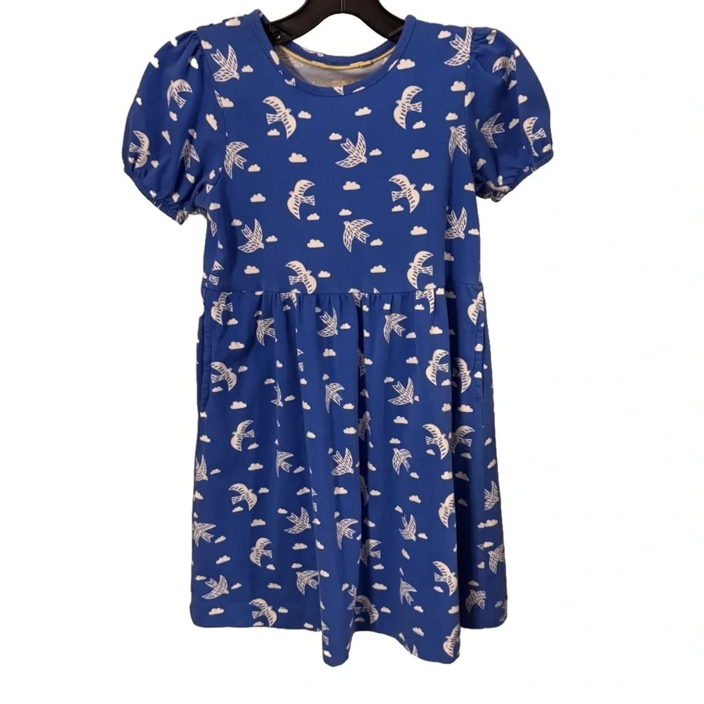 Mini Boden Girls Puff Sleeve Cotton Dress Blue & White Sz 6-7 Years